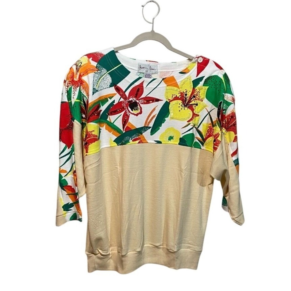 Vintage Maori Bee Women's Crewneck Sweatshirt LARGE Tan Sequins Tropical 80s 90s